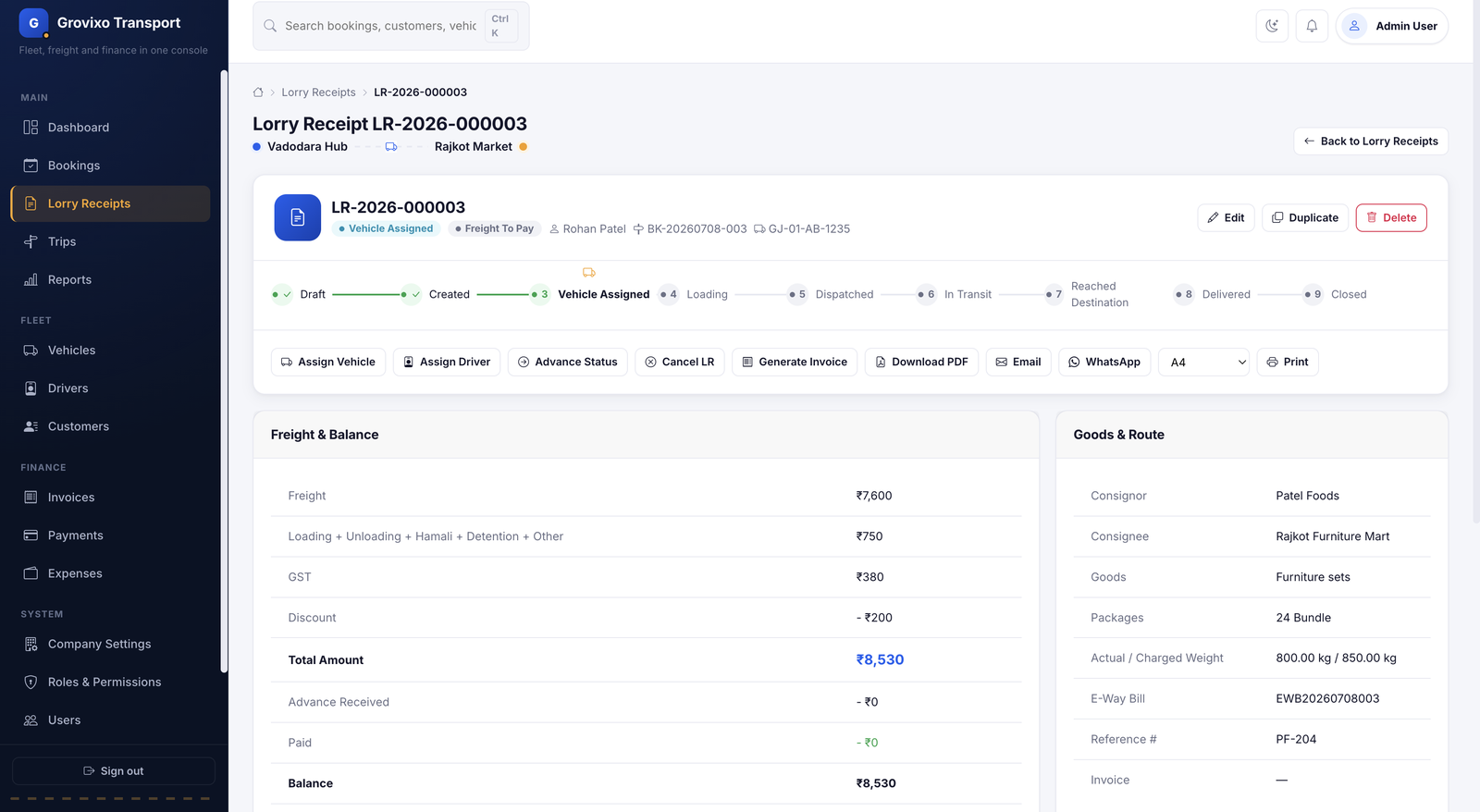 Lorry receipt detail page with status pipeline and freight balance