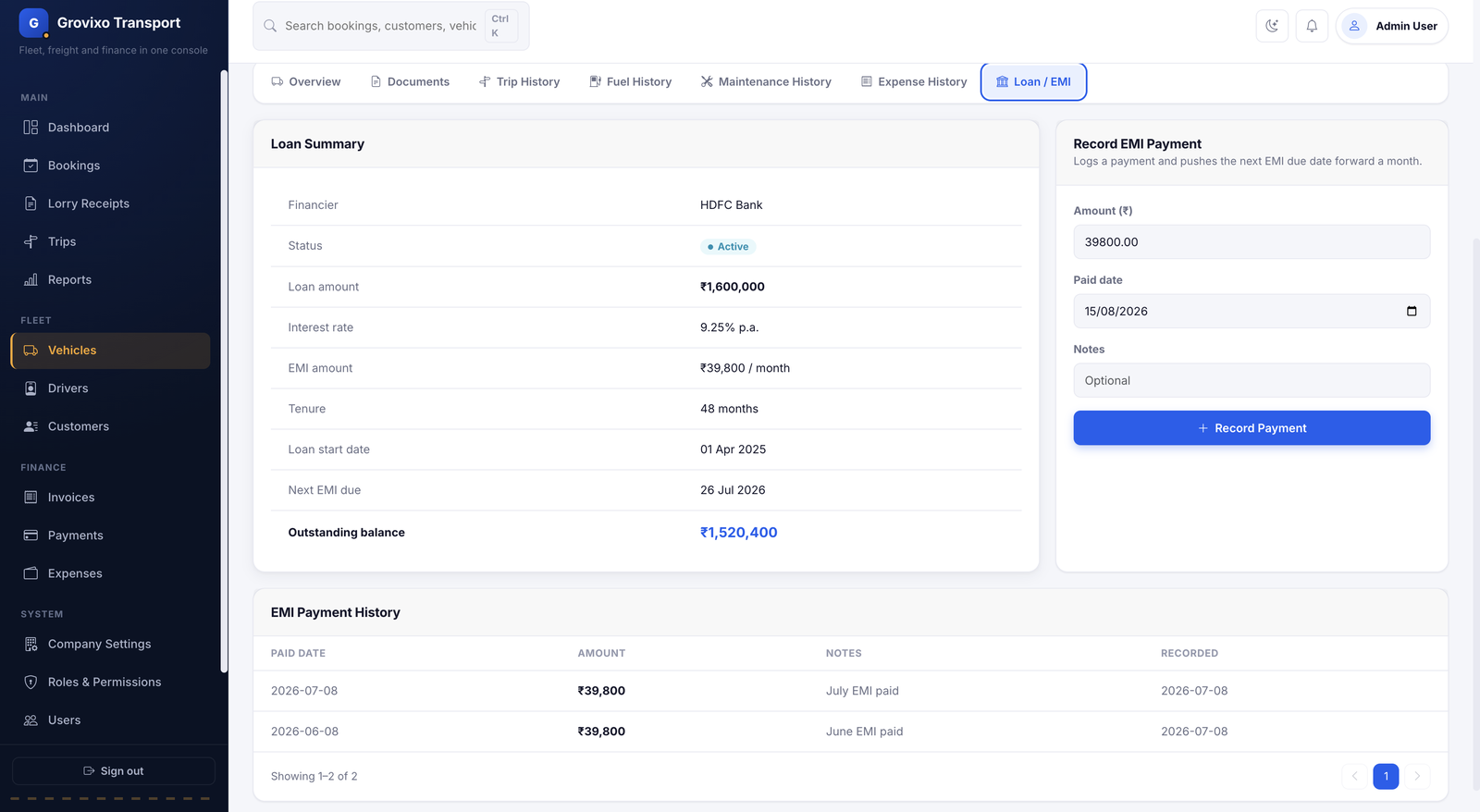 Vehicle loan and EMI payment tracking page